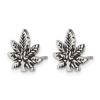 Chisel Stainless Steel Polished and Antiqued Leaf Post Earring — alternate view