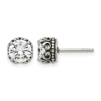 Chisel Stainless Steel Antiqued and Polished CZ Post Earrings