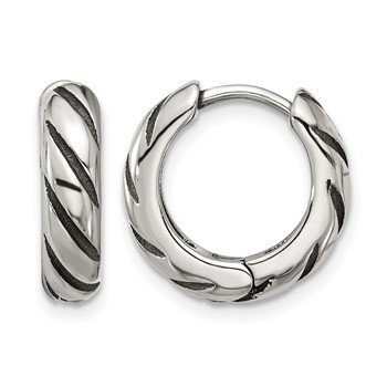 Chisel Stainless Steel Antiqued and Polished Hinged Hoop Earrings