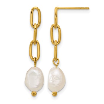 Chisel Stainless Steel Polished Yellow IP-plated Open Chain with Freshwater Cultured Pearl Post Dangle Earrings