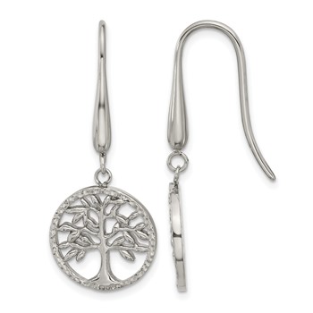 Chisel Stainless Steel Polished and Textured Tree Dangle Shepherd Hook Earrings