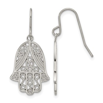 Chisel Stainless Steel Polished and Textured Hamsa Dangle Shepherd Hook Earrings