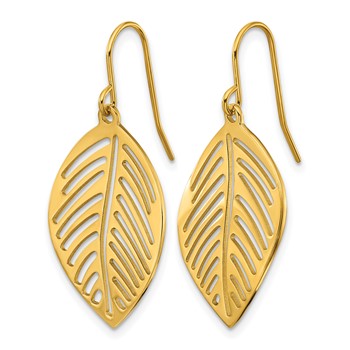 Chisel Stainless Steel Polished Yellow IP-plated Leaf Dangle Shepherd Hook Earrings — alternate view
