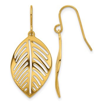 Chisel Stainless Steel Polished Yellow IP-plated Leaf Dangle Shepherd Hook Earrings