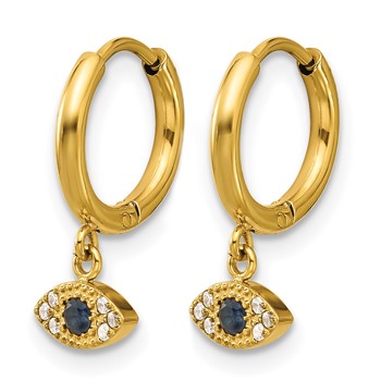 Chisel Stainless Steel Polished Yellow IP-plated Blue and White Zircon Evil Eye Dangle Hinged Hoop Earrings — alternate view