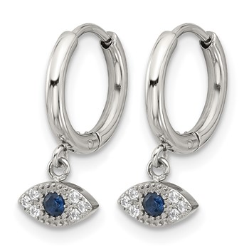 Chisel Stainless Steel Polished Blue and White Zircon Evil Eye Dangle Hinged Hoop Earrings — alternate view