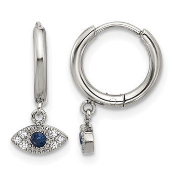 Chisel Stainless Steel Polished Blue and White Zircon Evil Eye Dangle Hinged Hoop Earrings