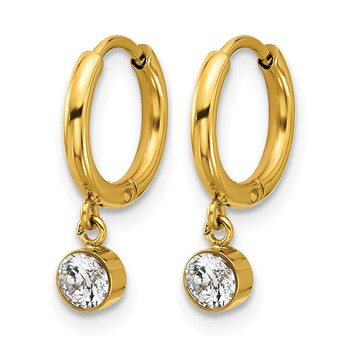 Chisel Stainless Steel Polished Yellow IP-plated White Zircon Dangle Hinged Hoop Earrings — alternate view