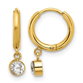 Chisel Stainless Steel Polished Yellow IP-plated White Zircon Dangle Hinged Hoop Earrings