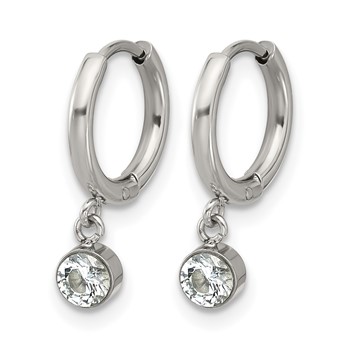 Chisel Stainless Steel Polished White Zircon Dangle Hinged Hoop Earrings — alternate view