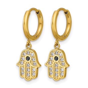Chisel Stainless Steel Polished Yellow IP-plated Blue and White Zircon Hamsa Dangle Hinged Hoop Earrings — alternate view