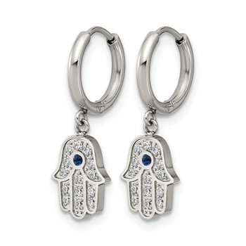 Chisel Stainless Steel Polished Blue and White Zircon Hamsa Dangle Hinged Hoop Earrings — alternate view