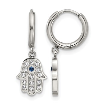 Chisel Stainless Steel Polished Blue and White Zircon Hamsa Dangle Hinged Hoop Earrings