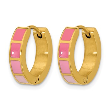 Stainless Steel Polished Yellow IP-plated Pink Enameled Hinged Hoop Earring — alternate view