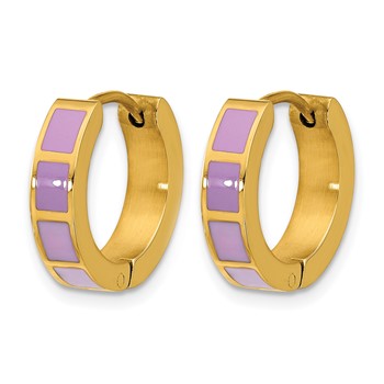 Stainless Steel Polished Yellow IP-plated Purple Enameled Hinged Hoop Earri — alternate view