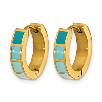 Stainless Steel Polished Yellow IP-plated Blue Enameled Hinged Hoop Earring — alternate view