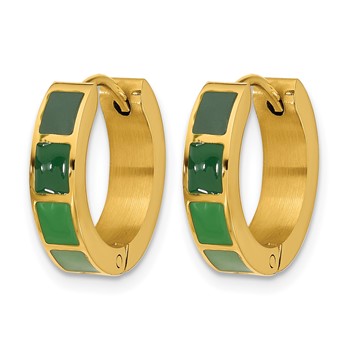 Stainless Steel Polished Yellow IP-plated Green Enameled Hinged Hoop Earrings — alternate view
