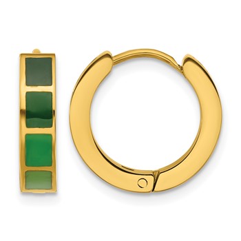 Stainless Steel Polished Yellow IP-plated Green Enameled Hinged Hoop Earrings
