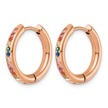Chisel Stainless Steel Polished Rose IP with Multicolor CZ 3mm Hinged Hoop Earrings — alternate view