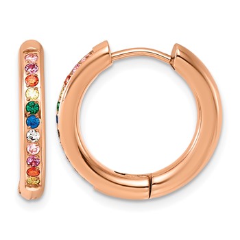 Chisel Stainless Steel Polished Rose IP with Multicolor CZ 3mm Hinged Hoop Earrings