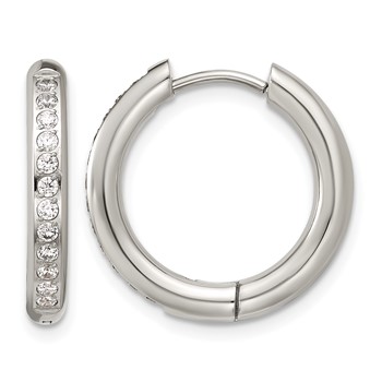Chisel Stainless Steel Polished with CZ 3mm Hinged Hoop Earrings