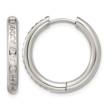 Chisel Stainless Steel Polished with CZ 3mm Hinged Hoop Earrings