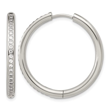 Chisel Stainless Steel Polished with CZ 3mm Hinged Hoop Earrings