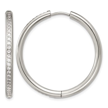Chisel Stainless Steel Polished with CZ 3mm Hinged Hoop Earrings
