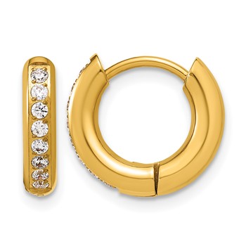 Chisel Stainless Steel Polished Yellow IP-plated with CZ 3mm Hinged Hoop Earrings