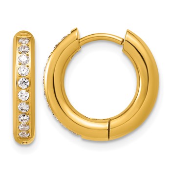 Chisel Stainless Steel Polished Yellow IP-plated with CZ 3mm Hinged Hoop Earrings