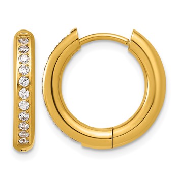 Chisel Stainless Steel Polished Yellow IP-plated with CZ 3mm Hinged Hoop Earrings