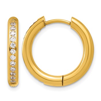 Chisel Stainless Steel Polished Yellow IP-plated with CZ 3mm Hinged Hoop Earrings