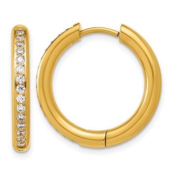 Chisel Stainless Steel Polished Yellow IP-plated with CZ 3mm Hinged Hoop Earrings
