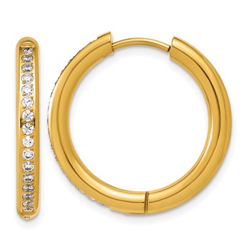 Chisel Stainless Steel Polished Yellow IP-plated with CZ 3mm Hinged Hoop Earrings