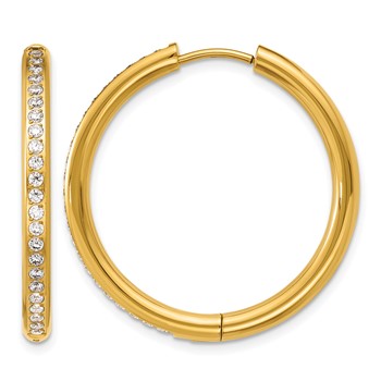 Chisel Stainless Steel Polished Yellow IP-plated with CZ 3mm Hinged Hoop Earrings