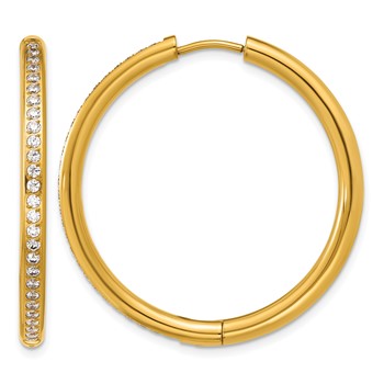 Chisel Stainless Steel Polished Yellow IP-plated with CZ 3mm Hinged Hoop Earrings