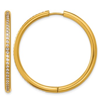 Chisel Stainless Steel Polished Yellow IP-plated with CZ 3mm Hinged Hoop Earrings