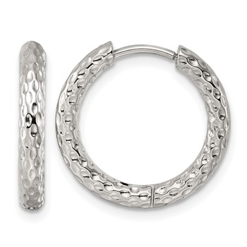Chisel Stainless Steel Polished Textured Round Hinged Hoop Earrings