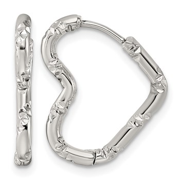 Chisel Stainless Steel Polished Bamboo Texture Heart Hinged Hoop Earrings