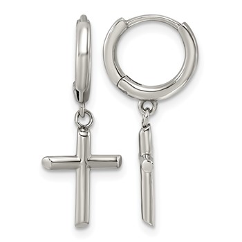 Chisel Stainless Steel Polished Cross Dangle Hoop Earrings