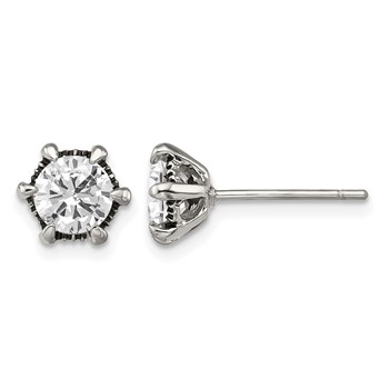 Chisel Stainless Steel Antiqued and Polished CZ Post Earrings