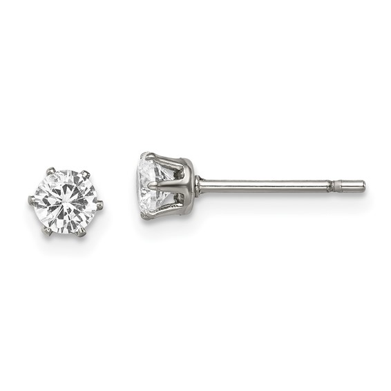 Stainless Steel Polished Round CZ Stud 6-Prong Post Earrings
