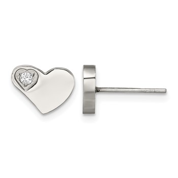 Chisel Stainless Steel Polished with CZ Heart Post Earrings