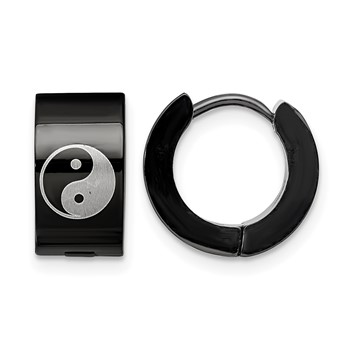 Chisel Stainless Steel Polished Black IP-plated 7mm Hinged Hoop w/Yin Yang Earrings