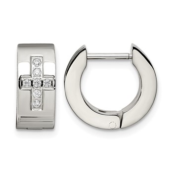 Chisel Stainless Steel Brushed and Polished with CZ Cross 6mm Hinged Hoop Earrings