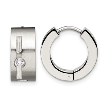 Chisel Stainless Steel Brushed and Polished with CZ 7mm Hinged Hoop Earrings