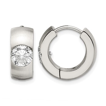 Chisel Stainless Steel Brushed and Polished with CZ Round 7mm Hinged Hoop Earrings