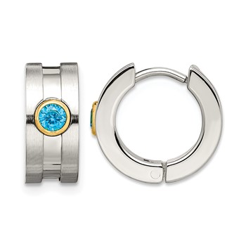 Chisel Stainless Steel Brushed and Polished Yellow IP-plated with Blue CZ Hinged Hoop Earrings