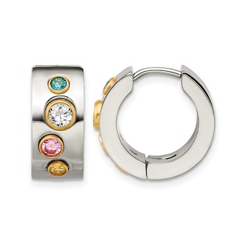 Chisel Stainless Steel Polished Yellow IP-plated with Multicolor CZ 7mm Hinged Hoop Earrings