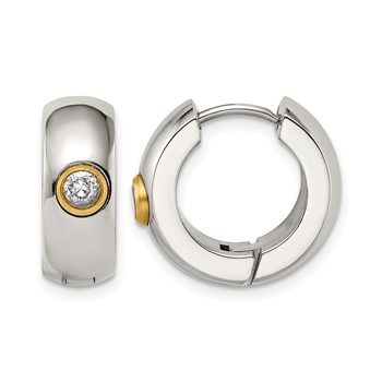 Chisel Stainless Steel Polished Yellow IP-plated with CZ 7mm Hinged Hoop Earrings